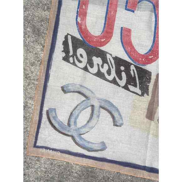Chanel 17C Coco Cuba CC Beige Graffiti Cotton Bandana Handkerchief Scarf Wrap - Picture 8 of 11